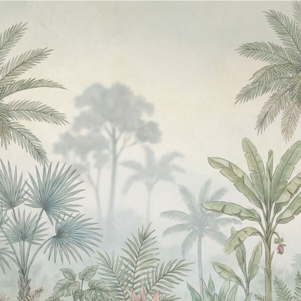 Luxury tropical palm wallpaper mural with soft misty jungle background, pastel botanical foliage and elegant neutral tones for premium living room and bedroom interiors.