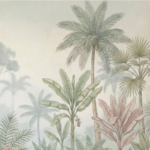 Luxury tropical palm wallpaper mural with soft misty jungle background, pastel botanical foliage and elegant neutral tones for premium living room and bedroom interiors.