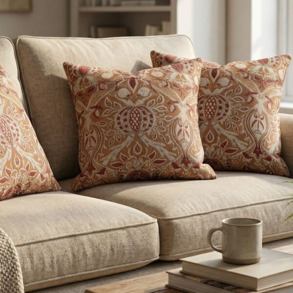 Designer woven cushion cover in warm terracotta and rust tones with cream floral paisley pattern, luxury bespoke pillow for premium living room decor