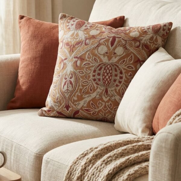Designer woven cushion cover in warm terracotta and rust tones with cream floral paisley pattern, luxury bespoke pillow for premium living room decor