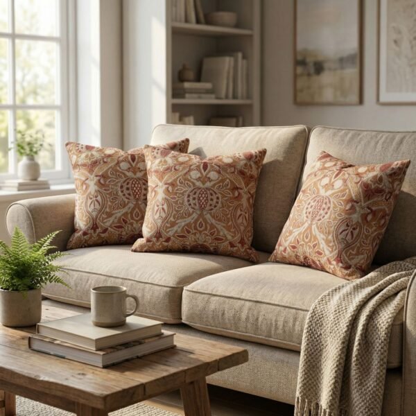 Designer woven cushion cover in warm terracotta and rust tones with cream floral paisley pattern, luxury bespoke pillow for premium living room decor