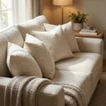 Luxury ivory textured cushion cover in premium designer fabric with subtle geometric weave pattern, styled for modern neutral interiors.