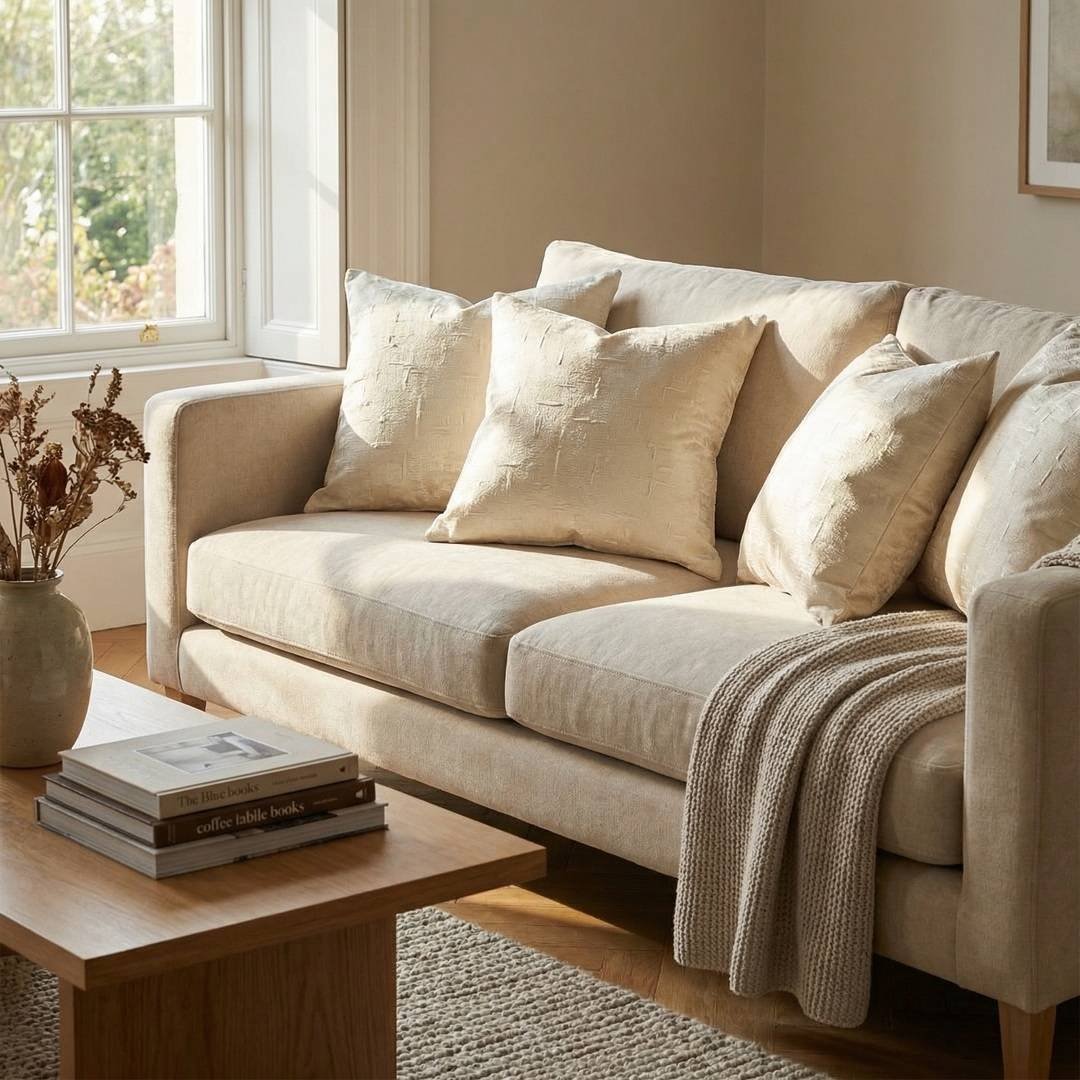 Luxury ivory textured cushion cover in premium designer fabric with subtle geometric weave pattern, styled for modern neutral interiors.