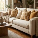 Mustard floral designer cushion covers in premium beige textured fabric with concealed zipper closure, styled for luxury modern interiors.