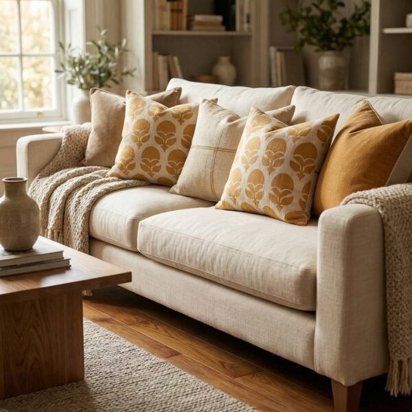 Mustard floral designer cushion covers in premium beige textured fabric with concealed zipper closure, styled for luxury modern interiors.