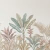 Luxury pastel tropical botanical wallpaper featuring banana leaves, palm fronds and soft blush foliage on a neutral beige background for premium interior design.