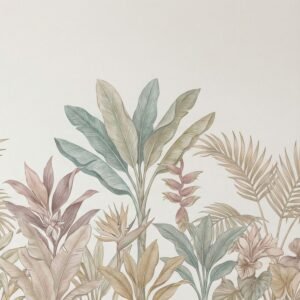 Luxury pastel tropical botanical wallpaper featuring banana leaves, palm fronds and soft blush foliage on a neutral beige background for premium interior design.