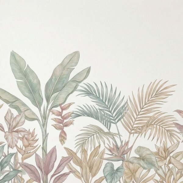 Luxury pastel tropical botanical wallpaper featuring banana leaves, palm fronds and soft blush foliage on a neutral beige background for premium interior design.