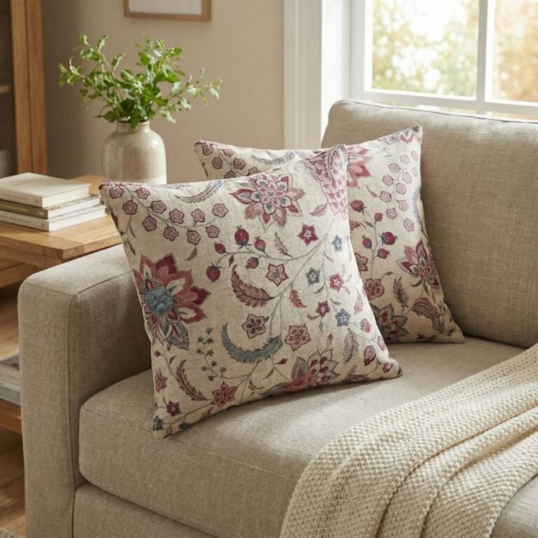 Luxury floral cushion cover in beige woven fabric with pink, burgundy and blue botanical pattern, premium soft furnishing accent for elegant living room and bedroom interiors.