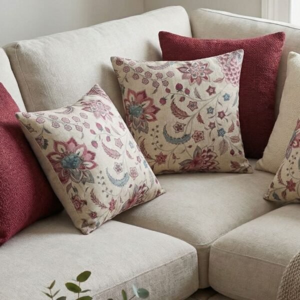 Luxury floral cushion cover in beige woven fabric with pink, burgundy and blue botanical pattern, premium soft furnishing accent for elegant living room and bedroom interiors.