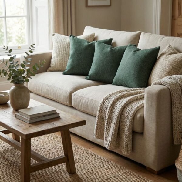 Luxury sage green textured cushion cover in premium woven fabric with subtle chevron pattern, elegant soft furnishing for modern living room and upscale interiors.