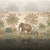Indian miniature jungle wallpaper mural featuring a regal elephant with traditional textile, peacocks, deer, birds, and flowering trees in soft pastel tones for luxury interiors