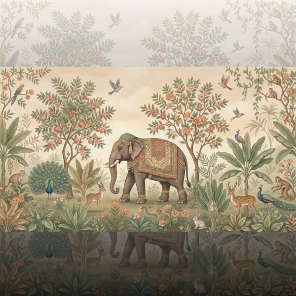 Indian miniature jungle wallpaper mural featuring a regal elephant with traditional textile, peacocks, deer, birds, and flowering trees in soft pastel tones for luxury interiors
