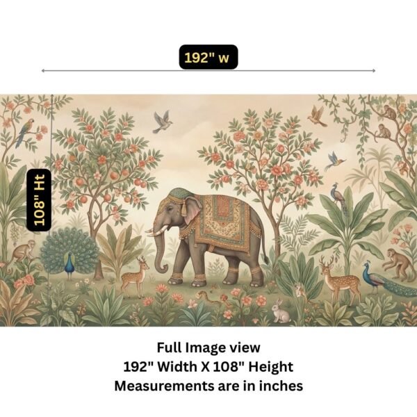 Indian miniature jungle wallpaper mural featuring a regal elephant with traditional textile, peacocks, deer, birds, and flowering trees in soft pastel tones for luxury interiors