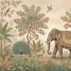 Indian miniature jungle wallpaper mural featuring a regal elephant with traditional textile, peacocks, deer, birds, and flowering trees in soft pastel tones for luxury interiors