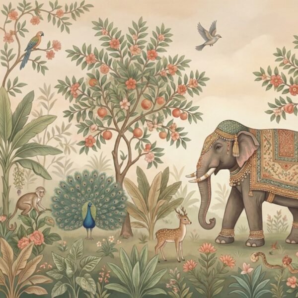 Indian miniature jungle wallpaper mural featuring a regal elephant with traditional textile, peacocks, deer, birds, and flowering trees in soft pastel tones for luxury interiors