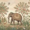Indian miniature jungle wallpaper mural featuring a regal elephant with traditional textile, peacocks, deer, birds, and flowering trees in soft pastel tones for luxury interiors