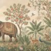 Indian miniature jungle wallpaper mural featuring a regal elephant with traditional textile, peacocks, deer, birds, and flowering trees in soft pastel tones for luxury interiors