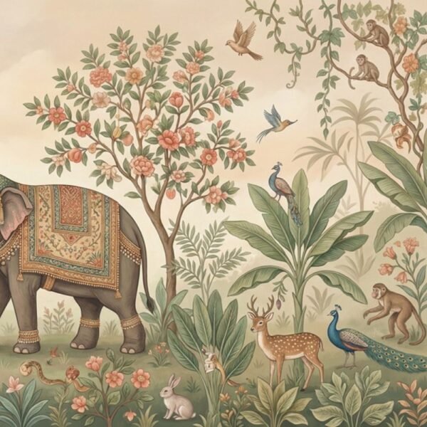 Indian miniature jungle wallpaper mural featuring a regal elephant with traditional textile, peacocks, deer, birds, and flowering trees in soft pastel tones for luxury interiors