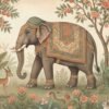 Indian miniature jungle wallpaper mural featuring a regal elephant with traditional textile, peacocks, deer, birds, and flowering trees in soft pastel tones for luxury interiors