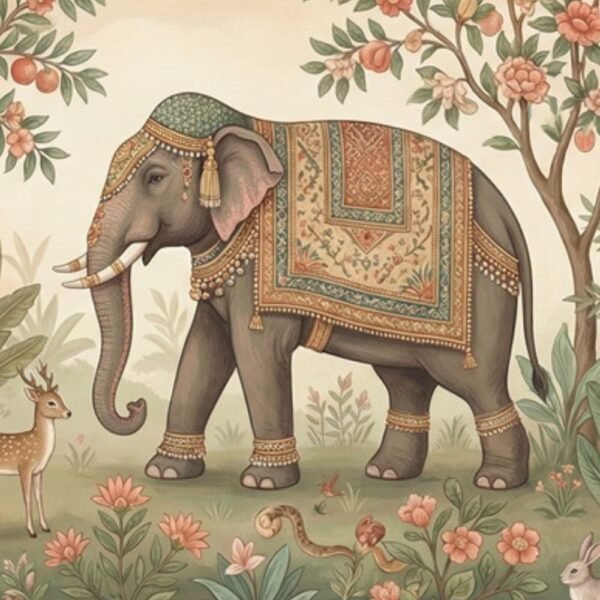 Indian miniature jungle wallpaper mural featuring a regal elephant with traditional textile, peacocks, deer, birds, and flowering trees in soft pastel tones for luxury interiors