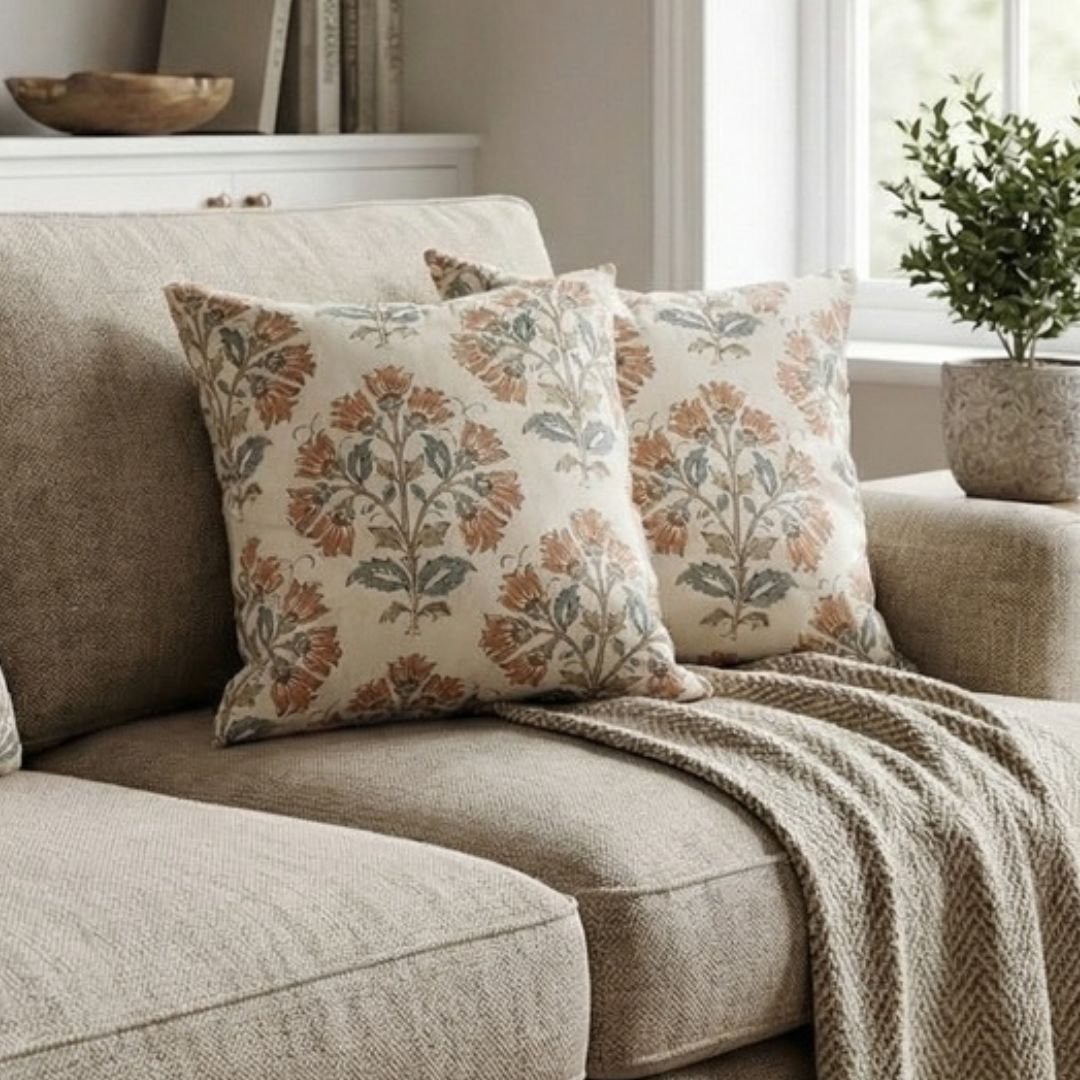 Premium designer cushion covers in beige cotton fabric featuring hand-block style rust floral motifs with sage green leaves, styled for luxury living room and bedroom interiors.