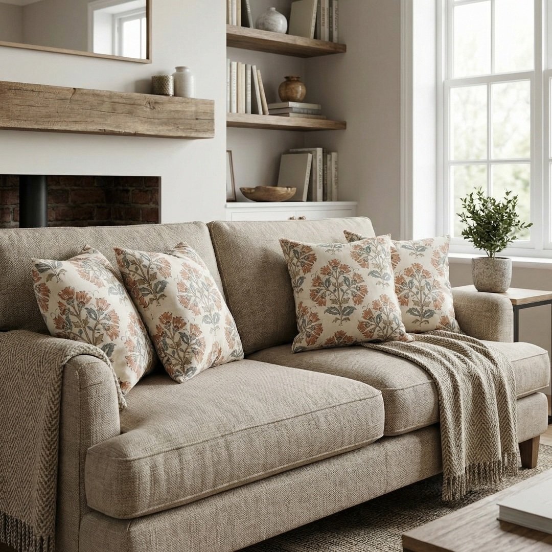 Premium designer cushion covers in beige cotton fabric featuring hand-block style rust floral motifs with sage green leaves, styled for luxury living room and bedroom interiors.