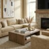 Warm beige textured upholstery fabric with woven pattern – premium sofa, chair and cushion fabric for modern and luxury home interiors