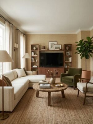 Warm beige textured upholstery fabric with woven pattern – premium sofa, chair and cushion fabric for modern and luxury home interiors