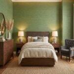 Olive green textured wallpaper with woven linen fabric pattern – luxury designer wall covering for modern living room and bedroom interiors