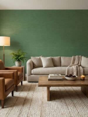 Deep forest green textured wallpaper with woven linen fabric pattern – luxury designer wall covering for modern living room and bedroom interiors