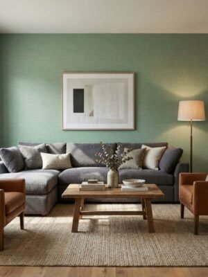 Soft green plain texture fabric with subtle woven pattern – premium upholstery and curtain fabric by Ruby The Furnishing Studio