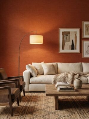 Warm rust orange plain texture fabric with subtle woven finish – premium upholstery and curtain fabric by Ruby The Furnishing Studio
