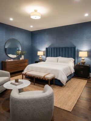 Elegant blue plain texture fabric with fine woven pattern – premium upholstery and curtain fabric by Ruby The Furnishing Studio