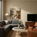 Beige linen texture wallpaper for living room wall décor by Ruby The Furnishing Studio – elegant neutral fabric look wall covering for modern interiors.