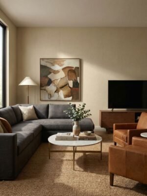 Beige linen texture wallpaper for living room wall décor by Ruby The Furnishing Studio – elegant neutral fabric look wall covering for modern interiors.