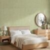 Soft green linen texture wallpaper for modern wall décor by Ruby The Furnishing Studio – elegant fabric look wall covering for luxury interiors.