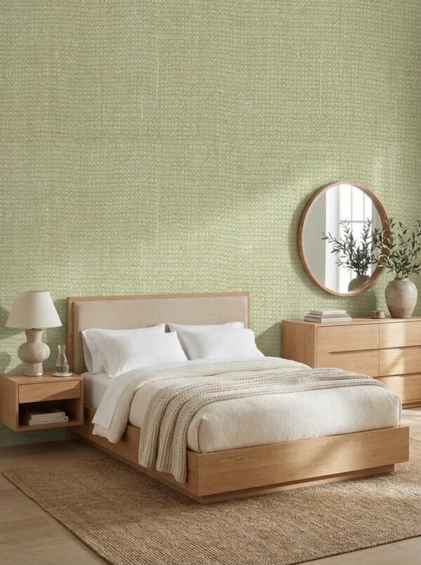 Soft green linen texture wallpaper for modern wall décor by Ruby The Furnishing Studio – elegant fabric look wall covering for luxury interiors.