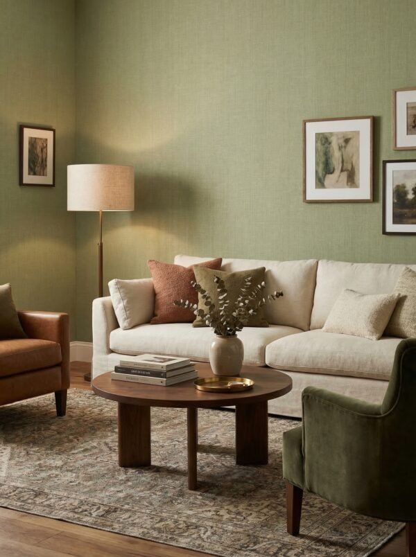 Soft green linen texture wallpaper for modern wall décor by Ruby The Furnishing Studio – elegant fabric look wall covering for luxury interiors.