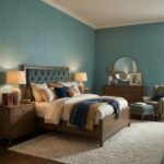 Teal linen texture wallpaper for modern wall décor by Ruby The Furnishing Studio – premium fabric look textured wall covering for luxury interiors.