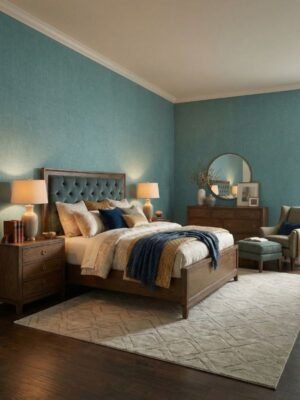 Teal linen texture wallpaper for modern wall décor by Ruby The Furnishing Studio – premium fabric look textured wall covering for luxury interiors.