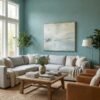 Teal linen texture wallpaper for modern wall décor by Ruby The Furnishing Studio – premium fabric look textured wall covering for luxury interiors.