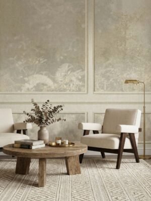 Luxury beige scenic mural wallpaper with botanical landscape design and textured finish, elegant wall covering for living room and bedroom interiors by Ruby The Furnishing Studio Ghatkopar East Mumbai.