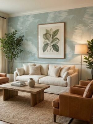 Elegant pastel blue textured scenic wallpaper with subtle nature landscape design and fabric texture finish, luxury designer wall covering for living room and bedroom interiors by Ruby The Furnishing Studio Ghatkopar East Mumbai.