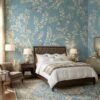 Elegant blue floral mural wallpaper with delicate white botanical branches and birds in a luxury bedroom setting with wooden bed, soft lighting, and classic décor