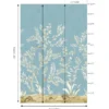 Elegant blue floral mural wallpaper with delicate white botanical branches and birds in a luxury bedroom setting with wooden bed, soft lighting, and classic décor