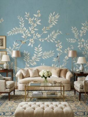 Elegant blue floral mural wallpaper with delicate white botanical branches and birds in a luxury bedroom setting with wooden bed, soft lighting, and classic décor