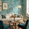 Elegant teal floral mural wallpaper with white botanical branches and birds, styled in a luxury classic bedroom interior with vintage furniture and soft lighting