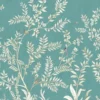 Elegant teal floral mural wallpaper with white botanical branches and birds, styled in a luxury classic bedroom interior with vintage furniture and soft lighting