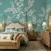 Elegant teal floral mural wallpaper with white botanical branches and birds, styled in a luxury classic bedroom interior with vintage furniture and soft lighting